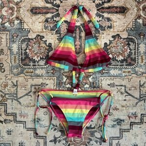 Vintage Ocean Pacific OP Rainbow Stripe Triangle Halter Bikini Set Y2K Medium